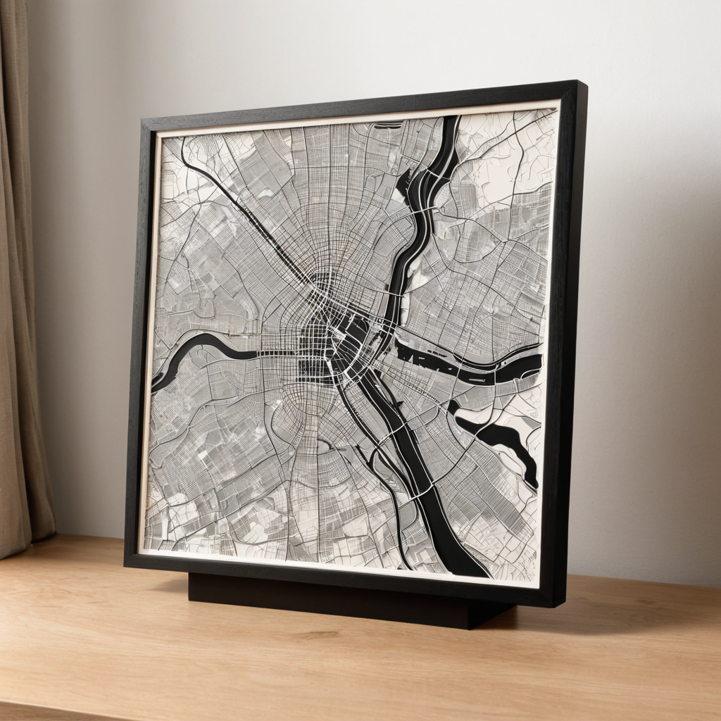 Mapa urbano 3D impreso en tres tonos y enmarcado